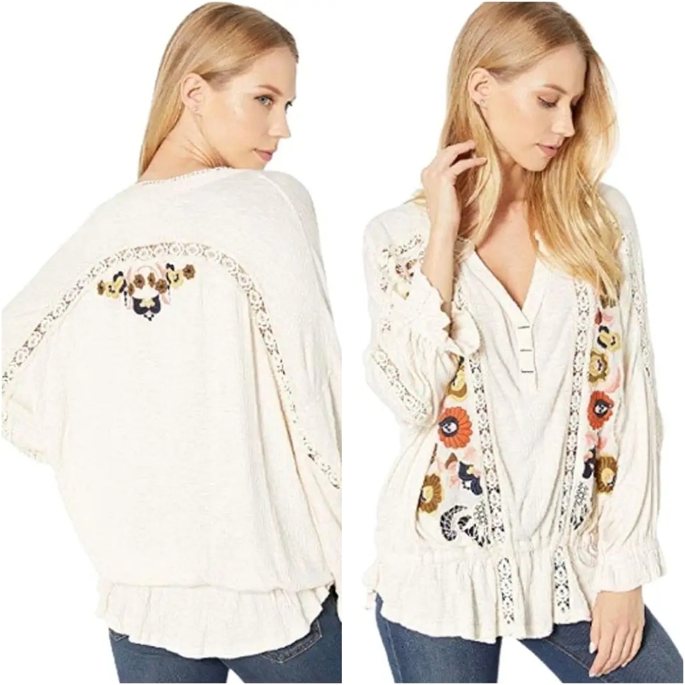 Free People Ivory Embroidered Boho Peasant Blouse